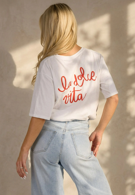 SALE80 Wit T-shirt met Rode La Dolce Vita Print