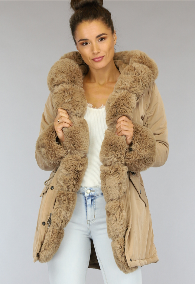 SALE85 Camel Winterjas met Bont
