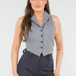 SALE85 Grijs Gilet met Knopen en Strik Achterkant