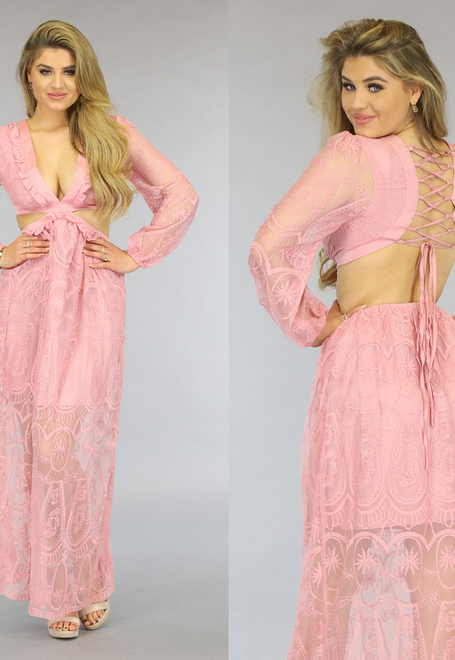 SALE85 Lichtroze Kanten Jurk met Uitsnede en Veterdetail