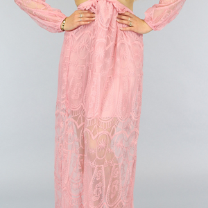 SALE85 Lichtroze Kanten Jurk met Uitsnede en Veterdetail
