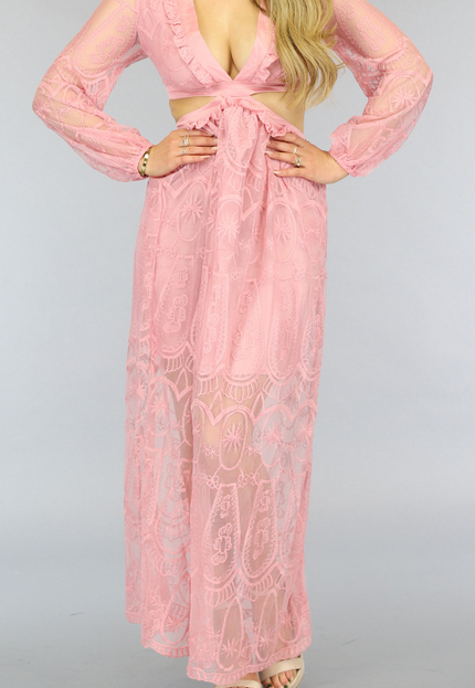 SALE85 Lichtroze Kanten Jurk met Uitsnede en Veterdetail