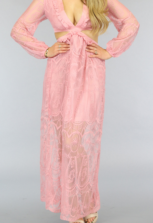 SALE85 Lichtroze Kanten Jurk met Uitsnede en Veterdetail