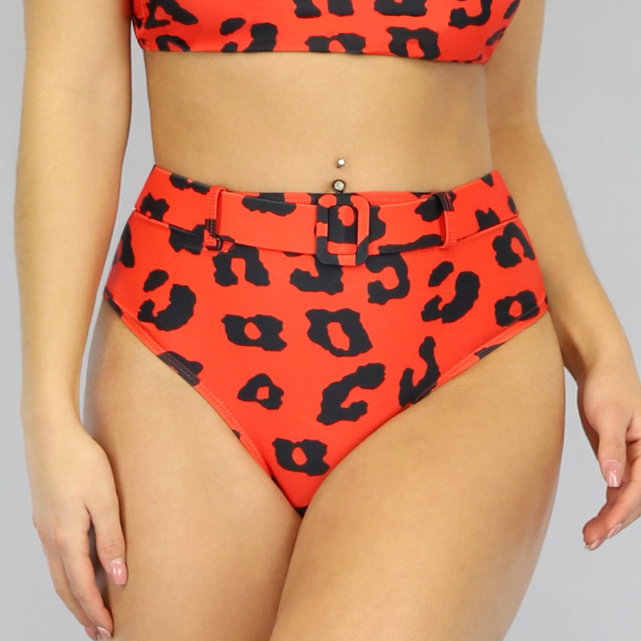 SALE85 Rood High Waist Maxi Bikinibroekje met Luipaardprint