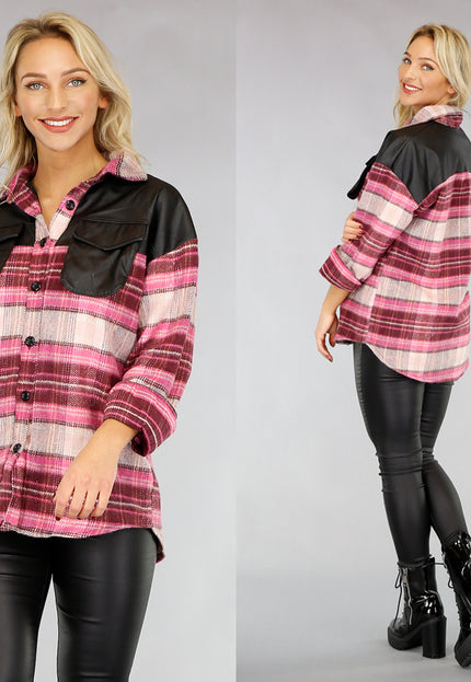 SALE85 Roze Flanellen Blok Blouse met Lederlook
