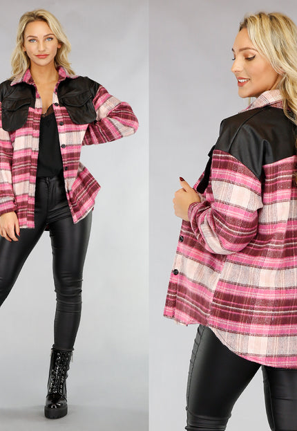 SALE85 Roze Flanellen Blok Blouse met Lederlook