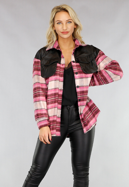 SALE85 Roze Flanellen Blok Blouse met Lederlook