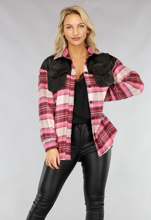 SALE85 Roze Flanellen Blok Blouse met Lederlook