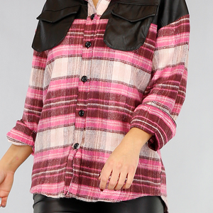 SALE85 Roze Flanellen Blok Blouse met Lederlook