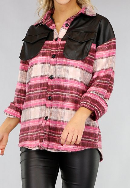 SALE85 Roze Flanellen Blok Blouse met Lederlook