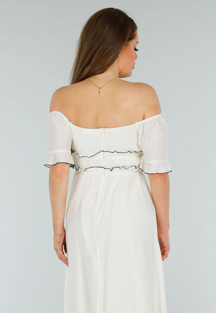 SALE85 Witte Off Shoulder Maxi Jurk met Ruffles en Stretch