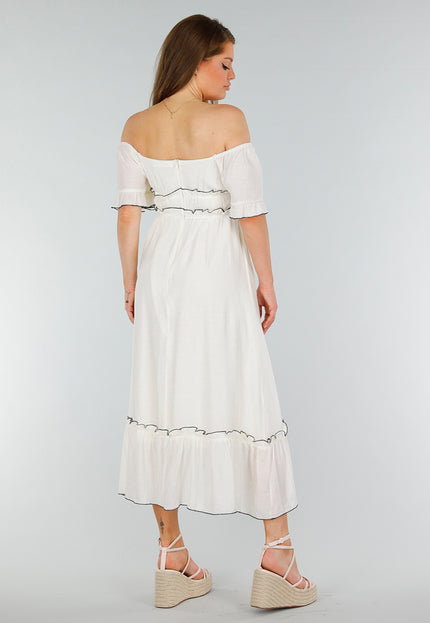 SALE85 Witte Off Shoulder Maxi Jurk met Ruffles en Stretch