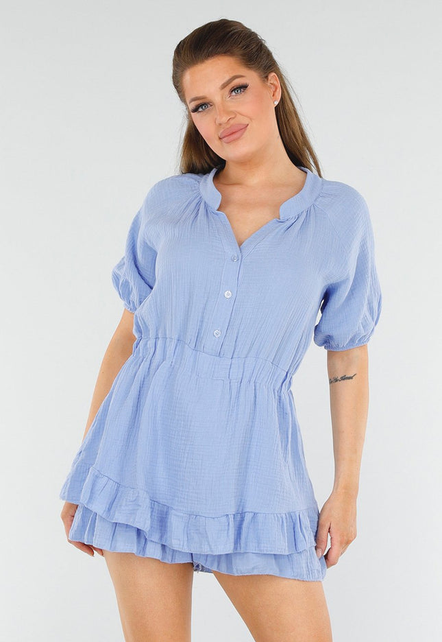 SALESELECTIE Babyblauwe Playsuit met Ruches en Knopen
