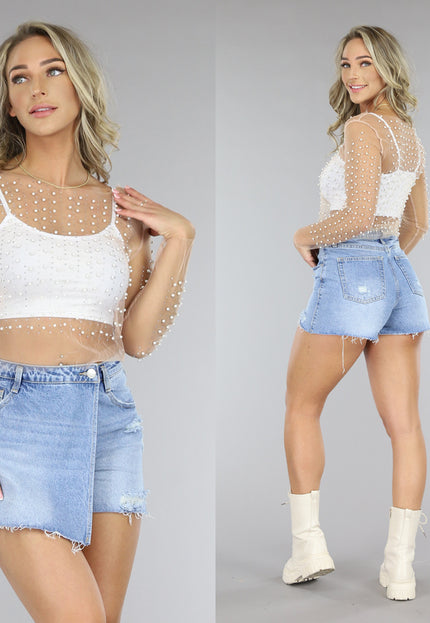 SALESELECTIE Beige Longsleeve Mesh Parel Top