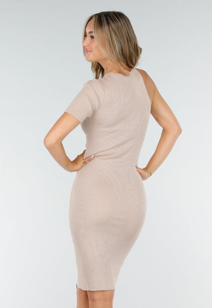SALESELECTIE Beige Ribstof Jurk met Enkele Mouw