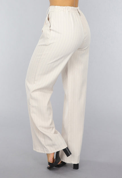 SALESELECTIE Beige Wide Leg Pantalon met Streepjes Patroon