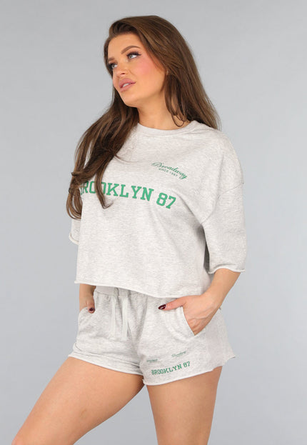 SALESELECTIE Cropped Shirt in Grijs met Groene Tekst