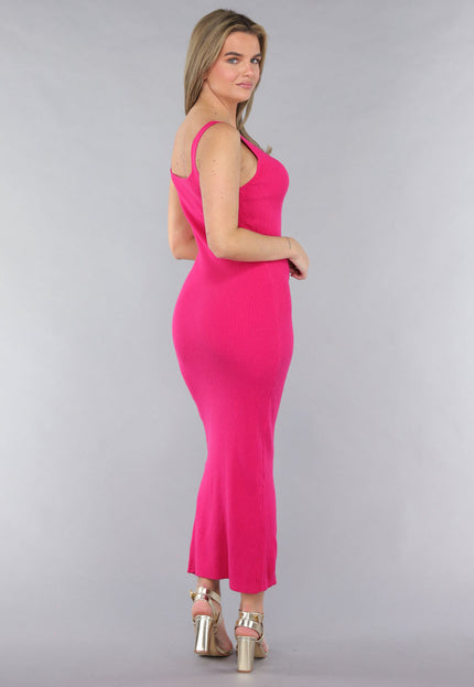 SALESELECTIE Fuchsia Jurk in Midi Model met Split en V Hals