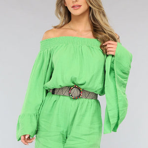 SALESELECTIE Groene Off Shoulder Mousseline Playsuit