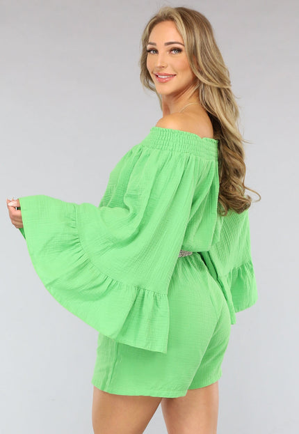 SALESELECTIE Groene Off Shoulder Mousseline Playsuit