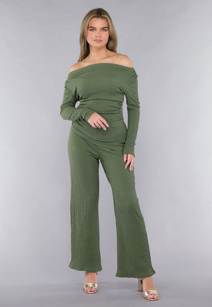 SALESELECTIE Khaki Twin Set in Gesmokte Stof