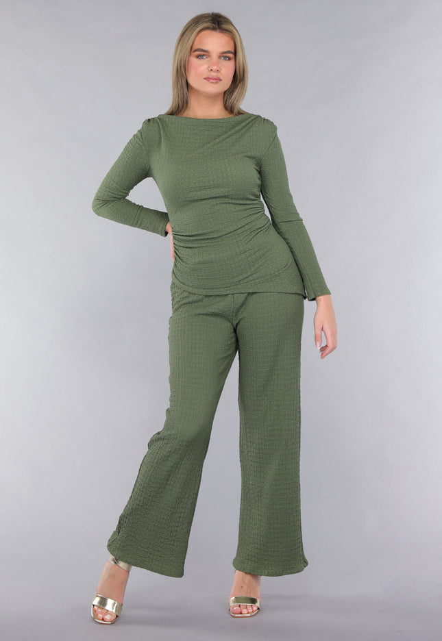 SALESELECTIE Khaki Twin Set in Gesmokte Stof