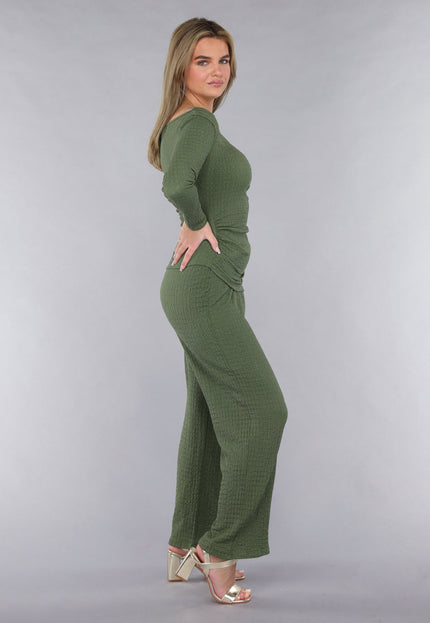 SALESELECTIE Khaki Twin Set in Gesmokte Stof