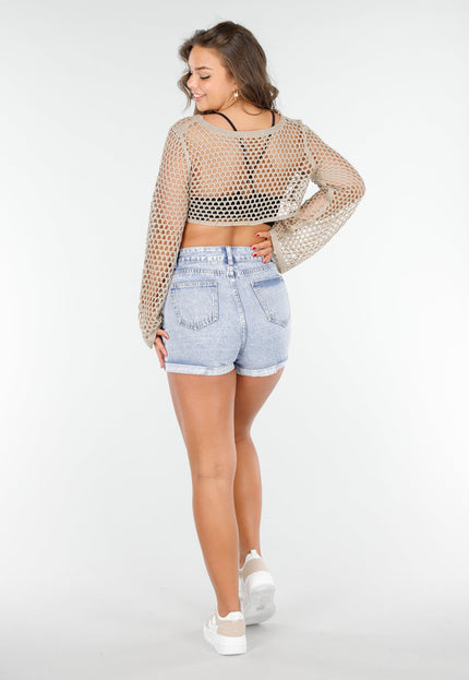 SALESELECTIE Lichtbeige Fishnet Top met Lange Mouwen en Schelpjes