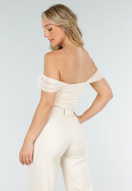 SALESELECTIE Lichtbeige Mesh Off Shoulder Top