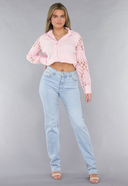SALESELECTIE Lichtroze Blouse met Gehaakte Pauwveer Patroon Mouwen