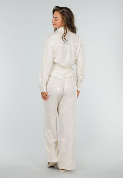 SALESELECTIE Linnen Beige Tweedelig Setje met Geborduurde Blouse en Broek