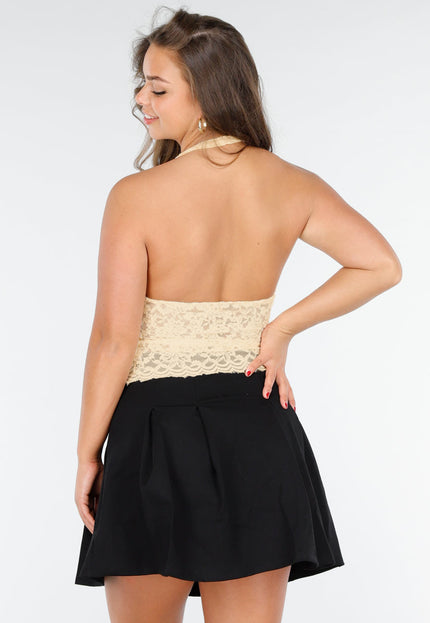 SALESELECTIE Nude Kanten Halter Crop Top met Diepe V-Hals