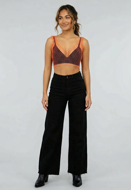 SALESELECTIE Oranje Fishnet Topje met Strass