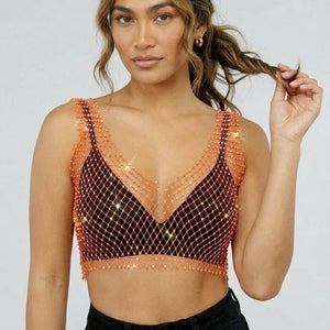 SALESELECTIE Oranje Fishnet Topje met Strass