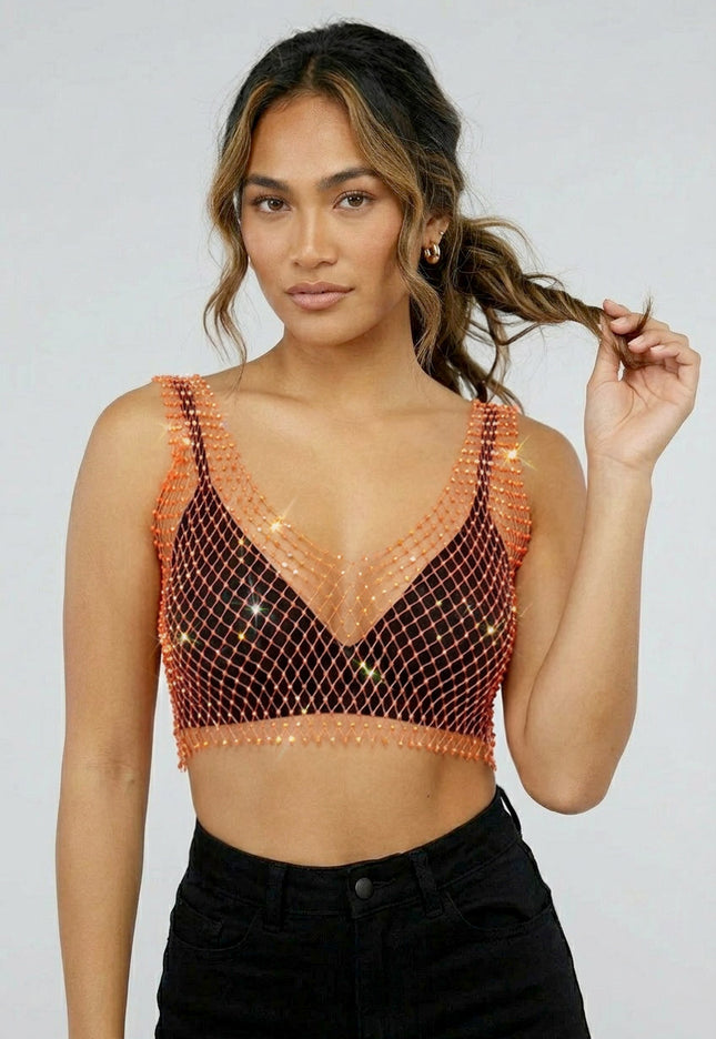 SALESELECTIE Oranje Fishnet Topje met Strass