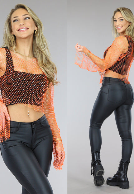 SALESELECTIE Oranje Glitter Fishnet Crop Top
