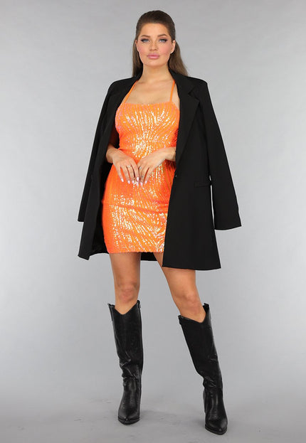 SALESELECTIE Oranje Pailletten Bodycon Jurk met Veterdetail