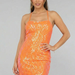 SALESELECTIE Oranje Pailletten Bodycon Jurk met Veterdetail