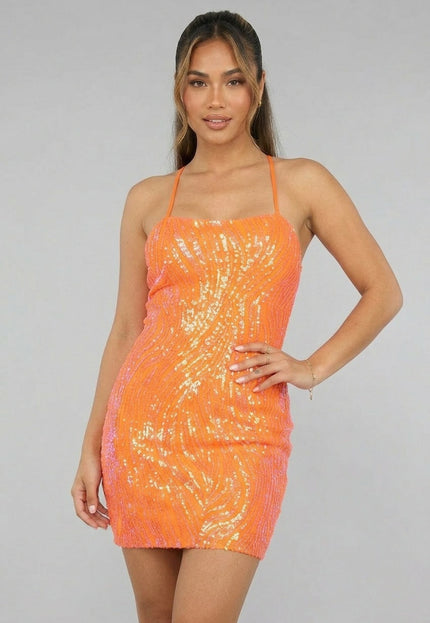 SALESELECTIE Oranje Pailletten Bodycon Jurk met Veterdetail