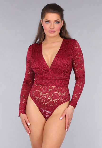 SALESELECTIE Rode Padded Lace Bodysuit met Lange Mouwen