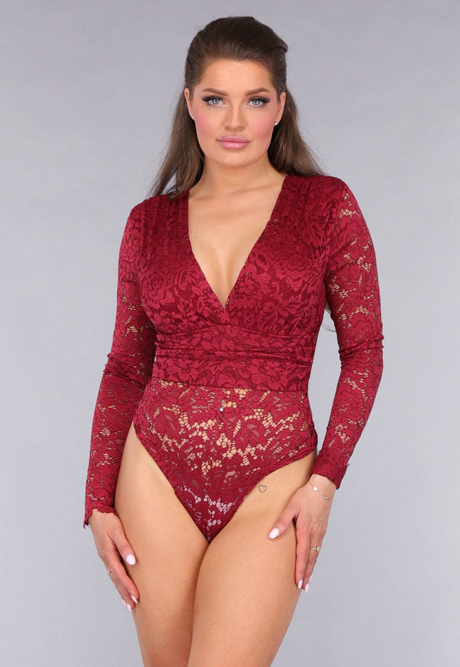 SALESELECTIE Rode Padded Lace Bodysuit met Lange Mouwen