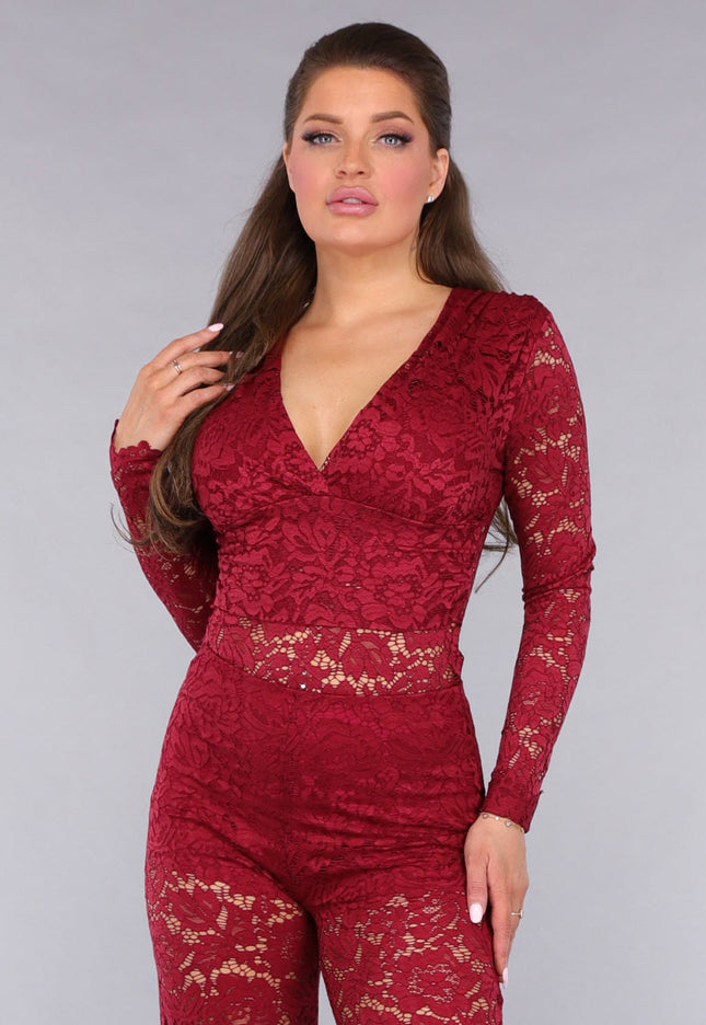 SALESELECTIE Rode Padded Lace Bodysuit met Lange Mouwen