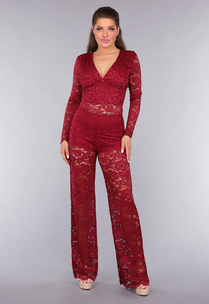 SALESELECTIE Rode Padded Lace Bodysuit met Lange Mouwen