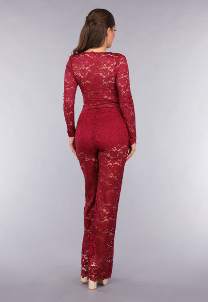 SALESELECTIE Rode Padded Lace Bodysuit met Lange Mouwen