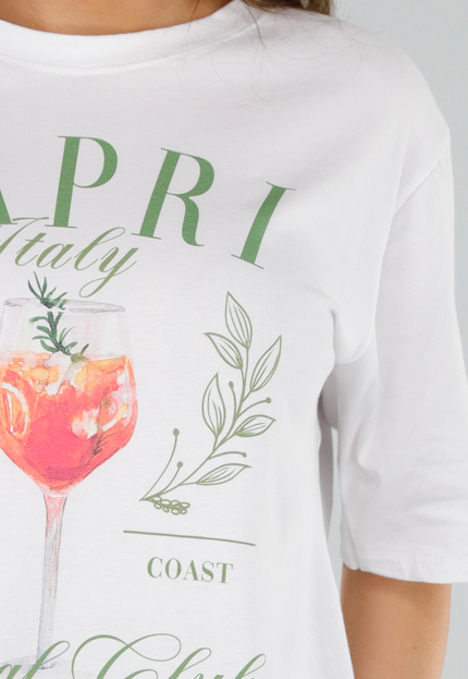 SALESELECTIE Wit Katoenen Oversized T-shirt met Cocktail Print