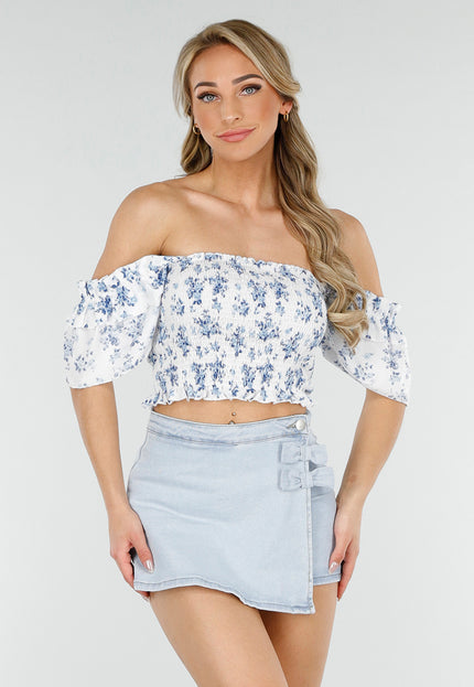 SALESELECTIE Witte Off Shoulder crop top met bloemetjesprint