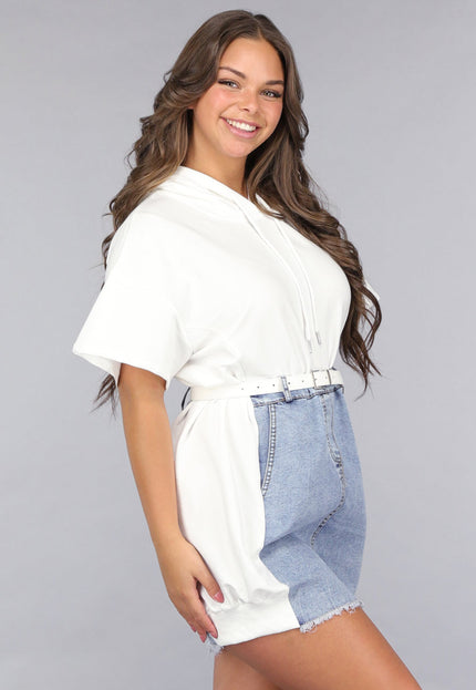 SALESELECTIE Witte T Shirt Jurk met Denim Rok Ontwerp