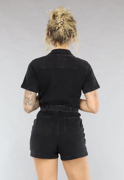 SALESELECTIE Zwarte Denim Playsuit met Ceintuur
