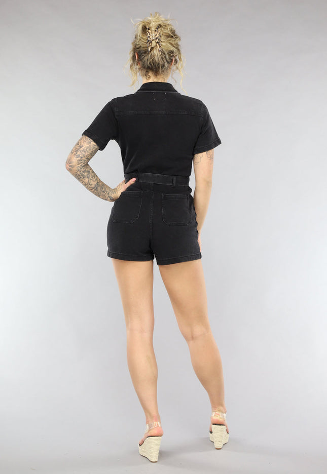 SALESELECTIE Zwarte Denim Playsuit met Ceintuur
