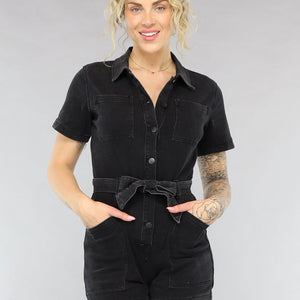 SALESELECTIE Zwarte Denim Playsuit met Ceintuur